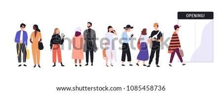 Men and women dressed in trendy clothes standing in line or queue in front of shop entrance doors. Stylish people waiting for store, boutique or showroom opening. Flat cartoon vector illustration