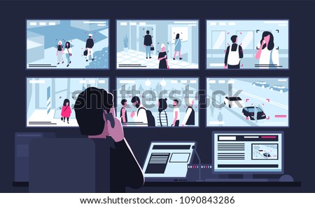 Security service worker sitting in dark control room in front of monitors displaying video from surveillance cameras, watching and talking on phone. Back view. Flat cartoon vector illustration