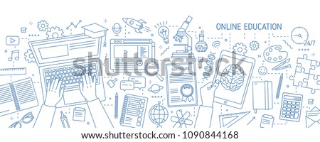 Horizontal banner with hands typing on computer and various office supplies drawn with contour lines on white background. Online education, internet studying. Vector illustration in lineart style