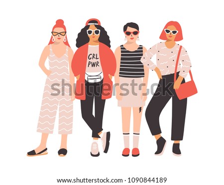 Four young women or girls dressed in trendy clothes standing together. Group of friends or feminist activists. Female cartoon characters isolated on white background. Flat colored vector illustration