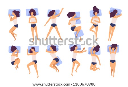 Collection of young woman sleeping in bed in various poses. Set of female cartoon character lying in different postures during night slumber. Top view. Colorful vector illustration in flat style