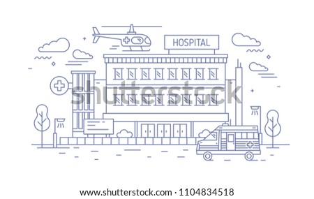 Hospital, clinic or medical center building with helicopter landing on top of it and ambulance drawn with contour lines on white background. Monochrome vector illustration in modern lineart style