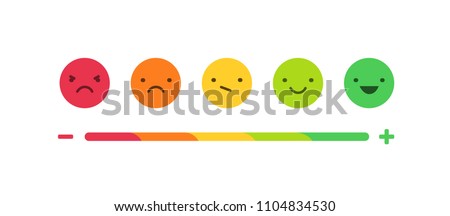 Feedback or rating scale with smiles representing various emotions arranged into horizontal row. Customer's review and evaluation of service or good. Colorful vector illustration in flat style