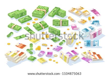 Collection of isometric cash money. Set of various currencies - dollar, euro, ruble bills or banknotes in rolls and bundles and coins isolated on white background. Colorful vector illustration