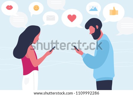 Male and female cartoon characters chatting or texting on their smartphones. Young romantic couple sending messages to each other. Internet or online communication. Flat colorful vector illustration