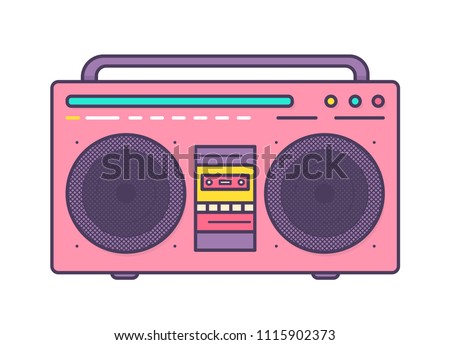 Pink boombox, portable music player with integrated loudspeakers, carrying handle and cassette recorder isolated on white background. Retro electronic device. Flat cartoon vector illustration.
