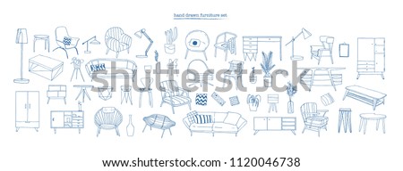 Collection of elegant modern furniture and home interior decorations of trendy Scandinavian or hygge style hand drawn with blue contour lines on white background. Monochrome vector illustration