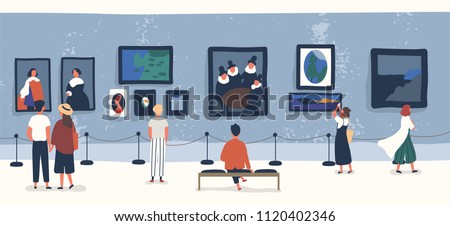 Visitors of classic art gallery or museum viewing exhibits. People or tourists looking at paintings at exhibition. Men and women enjoying artworks. Colorful vector illustration in flat cartoon style.