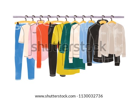 Colored clothes or apparel hanging on hangers on garment rack or rail isolated on white background. Clothing organization or storage. Inner space of closet or wardrobe. Hand drawn vector illustration