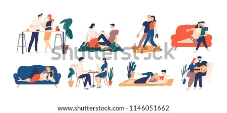 Collection of romantic couple spending time or relaxing together - having picnic, reading books, drinking coffee or wine, playing guitar, walking. Colorful vector illustration in flat cartoon style