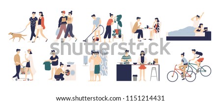 Collection of daily life or everyday routine scenes of young romantic couple. Pair of boy and girl walking dog, cleaning up house, cooking food, washing clothes, buying food. Flat vector illustration.