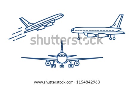 Passenger plane or civil aircraft taking off or ascending and standing on ground drawn with contour lines on white background. Front and side views. Monochrome vector illustration in linear style