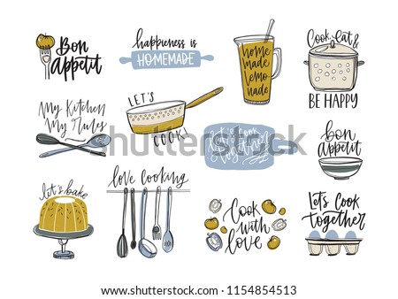 Bundle of slogans written with cursive font and decorated with cookware and food products. Set of inscriptions and kitchen utensils for cooking or homemade meals preparation. Vector illustration 商業照片 © 