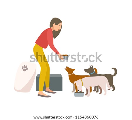 Friendly female volunteer feeding dogs in animal shelter or pound. Young woman giving food to homeless puppies isolated on white background. Colorful vector illustration in flat cartoon style