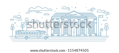 Classical school building with columns and bus for kids or pupil driving on road drawn with contour lines on white background. Educational institution. Monochrome vector illustration in linear style
