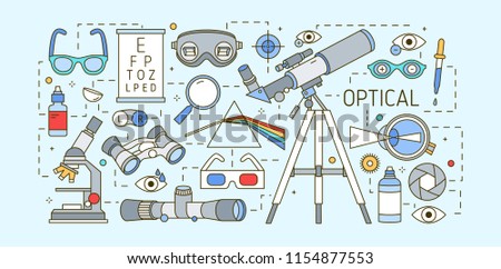 Modern horizontal web banner template with optical, eyesight correction devices, ophtalmic and visual acuity tools on light background. Colorful vector illustration in trendy line art style