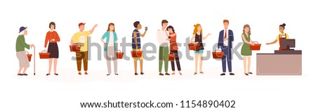 Angry men and women standing in line or queue to cashier in retail store or supermarket. People waiting in grocery shop isolated on white background. Colored vector illustration in flat cartoon style
