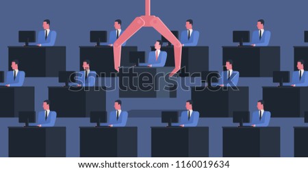 Identical people sit at desks with computers and large robotic arm grabbing one of them. Concept of dismissal of employee, office worker or clerk. Colorful vector illustration in flat cartoon style.