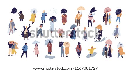 Collection of people walking under umbrella on autumn rainy day isolated on blue background. Crowd of tiny men and women under rain or rainfall. Colorful vector illustration in modern flat style.