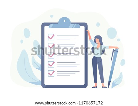 Happy woman standing beside giant check list and holding pen. Concept of successful completion of tasks, effective daily planning and time management. Vector illustration in flat cartoon style.