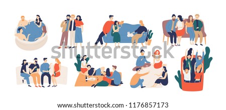 Collection of friends spending time together. Bundle of young men and women playing game, riding roller coaster, talking, having picnic lunch. Colorful vector illustration in flat cartoon style.
