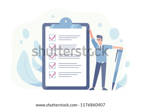 Smiling guy standing beside giant check list and holding pen. Concept of successful goal achievement, productive daily planning and task management. Colorful vector illustration in flat cartoon style.