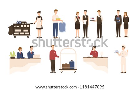 Collection of hotel staff - receptionist, maid or housekeeping service and laundry attendant workers, waiters and waitresses, chief, bellhop isolated on white background. Cartoon vector illustration.