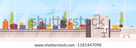 Bags, suitcases on baggage carousel against window with flying aircrafts on background. Device with conveyor belt delivering checked luggage at airport. Colorful vector illustration in flat style.