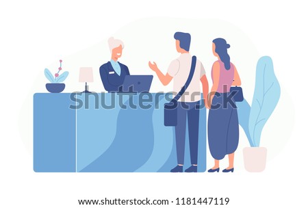 Pair of tourists or travellers standing at reception desk and talking to receptionist. Scene with guests at hotel lobby isolated on white background. Colored vector illustration in flat cartoon style.