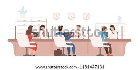 Male and female clients sitting and talking to managers or analysts of credit department. Bank workers providing services to customers. Colorful vector illustration in modern flat cartoon style.