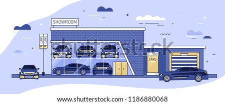 Facade of auto showroom or vehicle local distribution and automobiles parked beside it. Modern building of car dealership with window. Automotive retail. Colorful vector illustration in flat style.