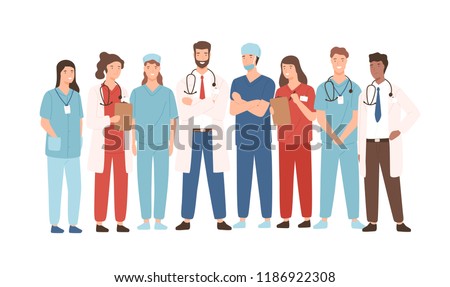 Group of hospital medical staff standing together. Male and female medicine workers - physicians, doctors, paramedics, nurses isolated on white background. Vector illustration in flat cartoon style.