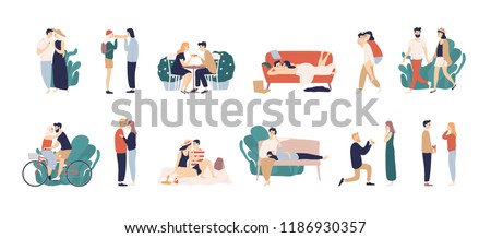 Bundle of scenes with adorable romantic couple. Man and woman kissing, hugging, riding bicycle, walking, eating, drinking cocktail, lying on sofa. Colorful vector illustration in flat cartoon style.