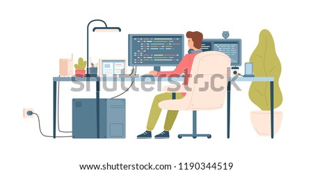 Programmer, coder, web developer or software engineer sitting at desk and working on computer or programming. Workplace of IT worker. Back view. Colorful vector illustration in flat cartoon style.