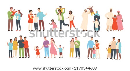Set of happy traditional heterosexual families with children. Smiling mother, father and kids. Cute cartoon characters isolated on white background. Colorful vector illustration in flat style.