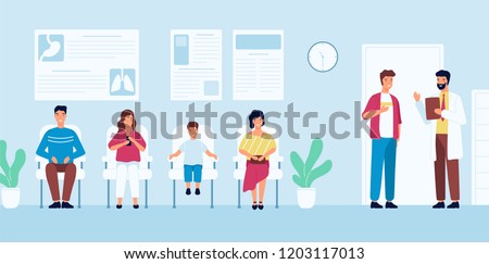 Smiling people sitting in chairs and waiting for doctor's appointment time at hospital. Men and women at physician's office or clinic. Colorful vector illustration in modern flat cartoon style.