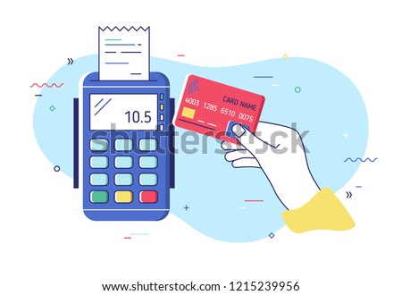 Hand holding debit or credit card, waving it over electronic terminal or reader and paying or purchasing. Contactless payment system or technology. Colorful modern vector illustration in flat style.