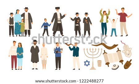 Collection of jews and Jewish or Hebrew symbols. Couple, happy family, boys reading Torah and playing Shofar. Cute cartoon characters isolated on white background. Vector illustration in flat style. ストックフォト © 