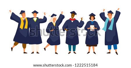 Group of happy graduated students wearing academic dress, gown or robe and graduation cap and holding diploma. Boys and girls celebrating university graduation. Flat cartoon vector illustration.