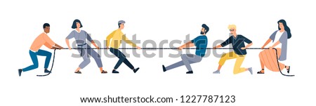 Two groups of people pulling opposite ends of rope isolated on white background. Tug of war contest between office workers. Concept of business competition. Vector illustration in flat cartoon style.