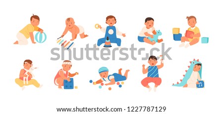 Collection of happy adorable babies playing with various toys - building kit, ball, rattle. Set of playful infant children isolated on white background. Flat cartoon colorful vector illustration.