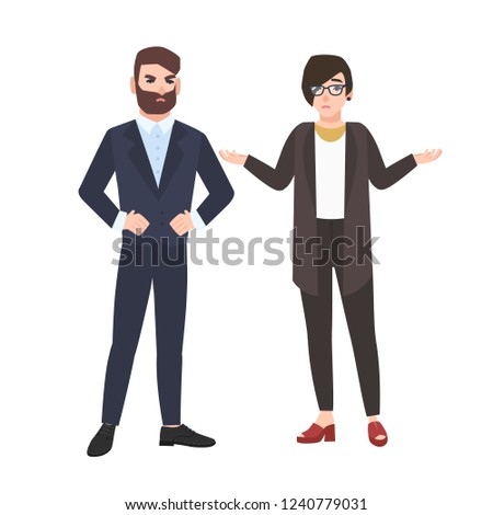 Angry boss and female employee isolated on white background. Woman office worker making excuses or justifying herself before grumpy chief or director. Vector illustration in flat cartoon style.
