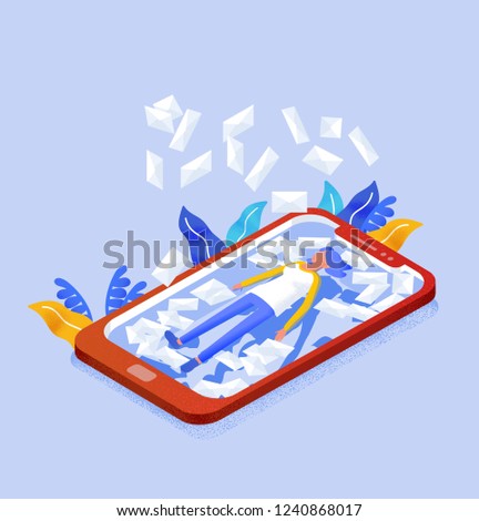 Female internet user lying on screen of giant mobile phone and letters in envelopes falling on her. Spam, unwanted or unsolicited messages. Colorful vector illustration in modern isometric style.