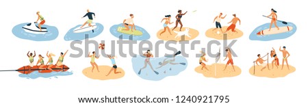 Set of people performing summer sports and leisure outdoor activities at beach, in sea or ocean - playing games, diving, surfing, riding water scooter. Colorful flat cartoon vector illustration.