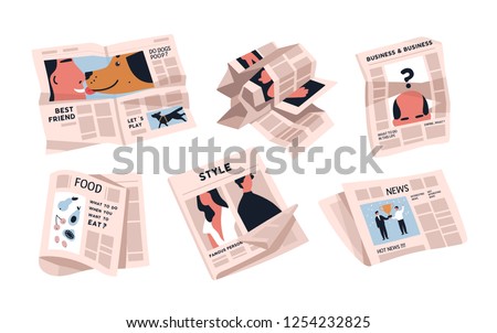 Collection of newspapers isolated on white background. Bundle of periodical publications of various articles - news, food, business. Colorful vector illustration in modern flat cartoon style.