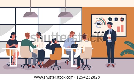 Man making boring and tedious presentation in front of people sitting at table. Lecturer giving dull lecture to audience demonstrating lack of interest. Vector illustration in modern flat style.