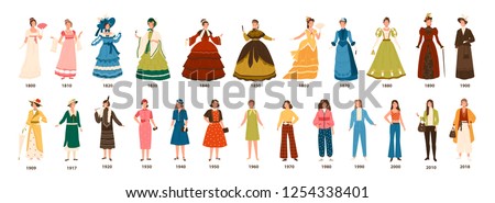 Fashion history. Collection of female clothing by decades. Bundle of women dress evolution. Girls in stylish clothes isolated on white background. Colorful vector apparel illustration in flat style.