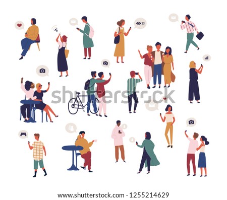 Bundle of people checking social media, taking selfie, trying to catch wifi signal with smartphone. Collection of men and women surfing internet on mobile phone. Flat cartoon vector illustration.