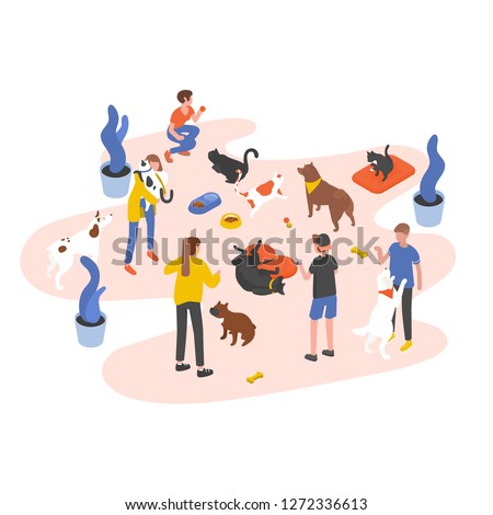 Group of people or volunteers feeding pets and playing with them in animal shelter, pound, rehabilitation or adoption center for stray and homeless cats and dogs. Isometric vector illustration.