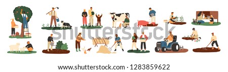 Set of farmers or agricultural workers planting crops, gathering harvest, collecting apples, feeding farm animals, carrying fruits, milking cow, working on tractor. Flat cartoon vector illustration.